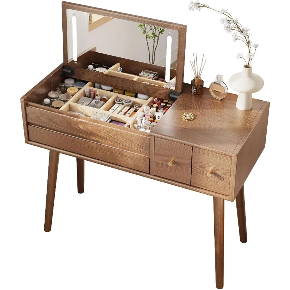 Makeup Vanity Desk with 3 Lighting Modes, Solid Wood Vanity Desk with Mirror Dressing Table Set 4 Drawers,Space-Savin