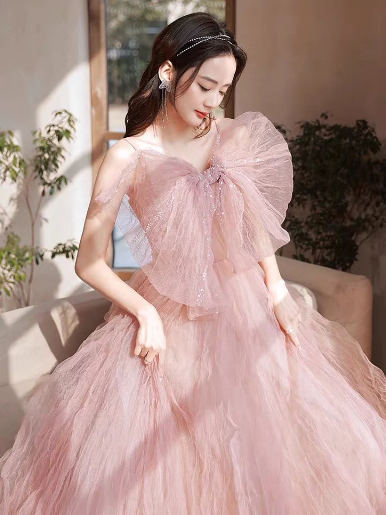 2024 Gently Pink Evening Dress Pleat Tulle Spaghetti Strap Bow Crystal Beading Slim Retro Lace Up Woman Weeding Party Prom Gown