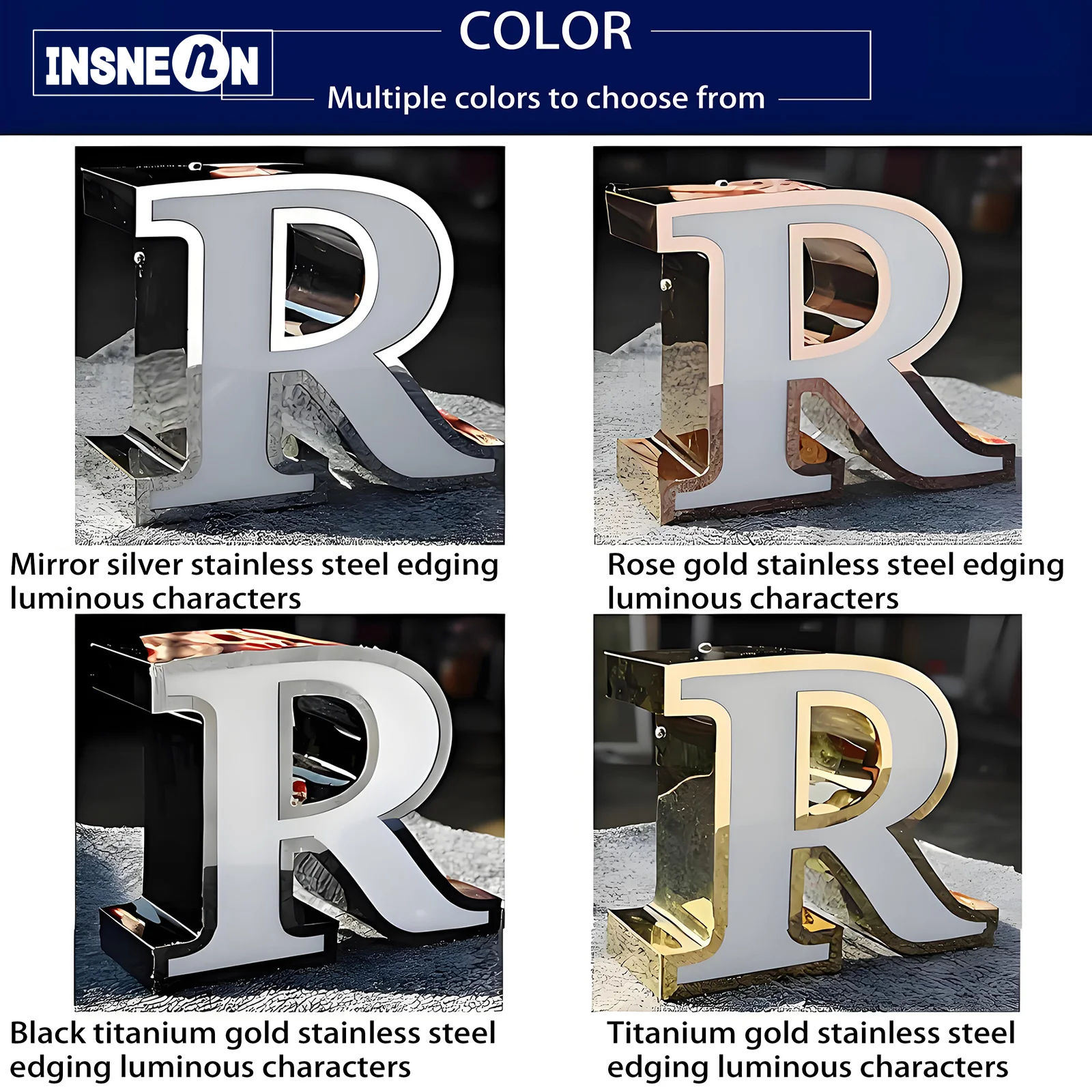 Sinais de letras de aço inoxidável retroiluminados 3D, sinais de negócios de ouro personalizados sinais retroiluminados de vitrine ao ar livre, logotipos iluminados em ouro 3D