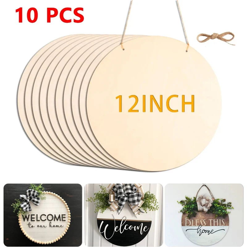 

10Pcs 12 Inch Wood Circles for Crafts Unfinished Wood Blank Wooden Door Hanger Sign DIY Round for Painting Christmas Decorations