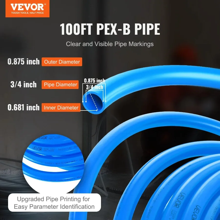 VEVOR PEX Pipe 3 4 Inch 100 Feet Length PEX-B Flexible Pipe Tubing for Potable Water Pex Water Lines for Hot Cold Water and Eas