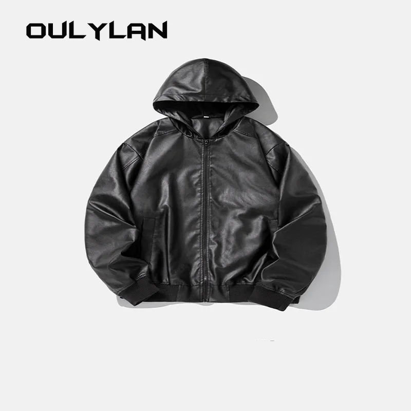 2024 Fall New Structure Splicing Design Function Loose Hooded Leather Jacket Retro Leather Jacket for Men