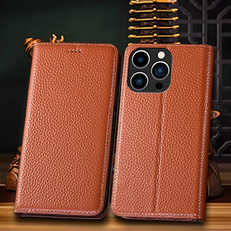 

Genuine Leather For Apple iphone X XS XR 11 12 13 14 15 16 16e 17 Pro Max Plus Air Mini Large Lychee Pattern Of Flip Cover Case