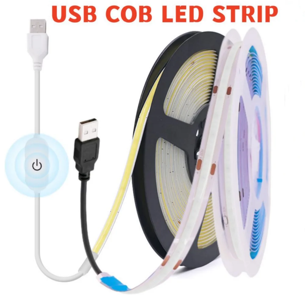 

USB FOB COB LED Strip Light 5V 5MM 8MM Width Flexible Cuttable 320LEDs/m Tape Diode Lamp Rope Touch Dimming Red Green Ice Blue