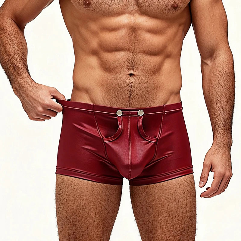 Comeondear Men's Luxury PU Leather Briefs Sexy Bulge Pouch Underwear Crotch Snap Boxer Shorts Male Comfortable Fashion Lingerie