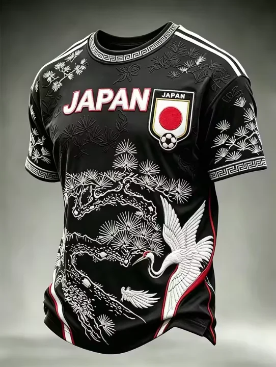 2026 Unisex Navy Football Fan Shirt,Embossed Torii Gate,Wave and Sakura Motifs,Nippon Letter Print,Shield Crest Adorned Cuffs