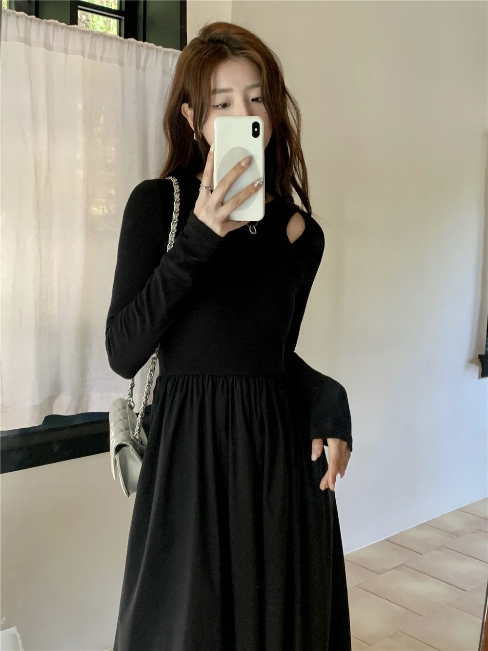 Vestidos de manga comprida vestido feminino dama de honra outono malhas painéis smocked gola alta linha h estilo preppy calor artístico chique