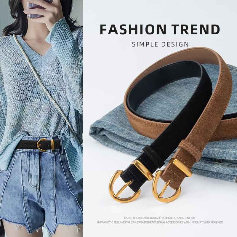 

Vintage Luxury Suede Leather Belt For Women Girls Casual Versatile Business Waist Strap Trendy Pin Buckle Waistband Gifts