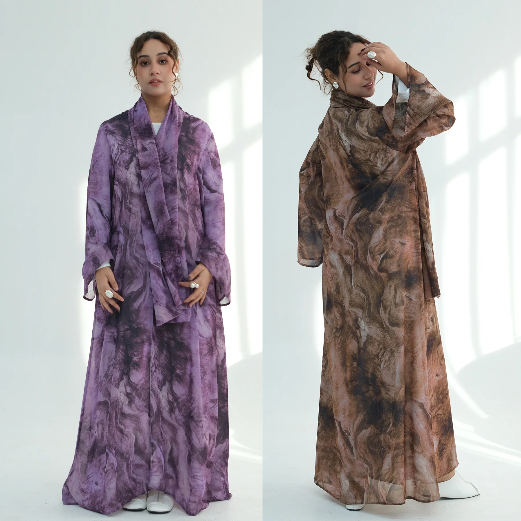 도매 쉬폰 오픈 아바야 옴브레 수채화 마블 타이다이 프린트 프리미엄 두바이 아바야 2피스 세트 이슬람 의류