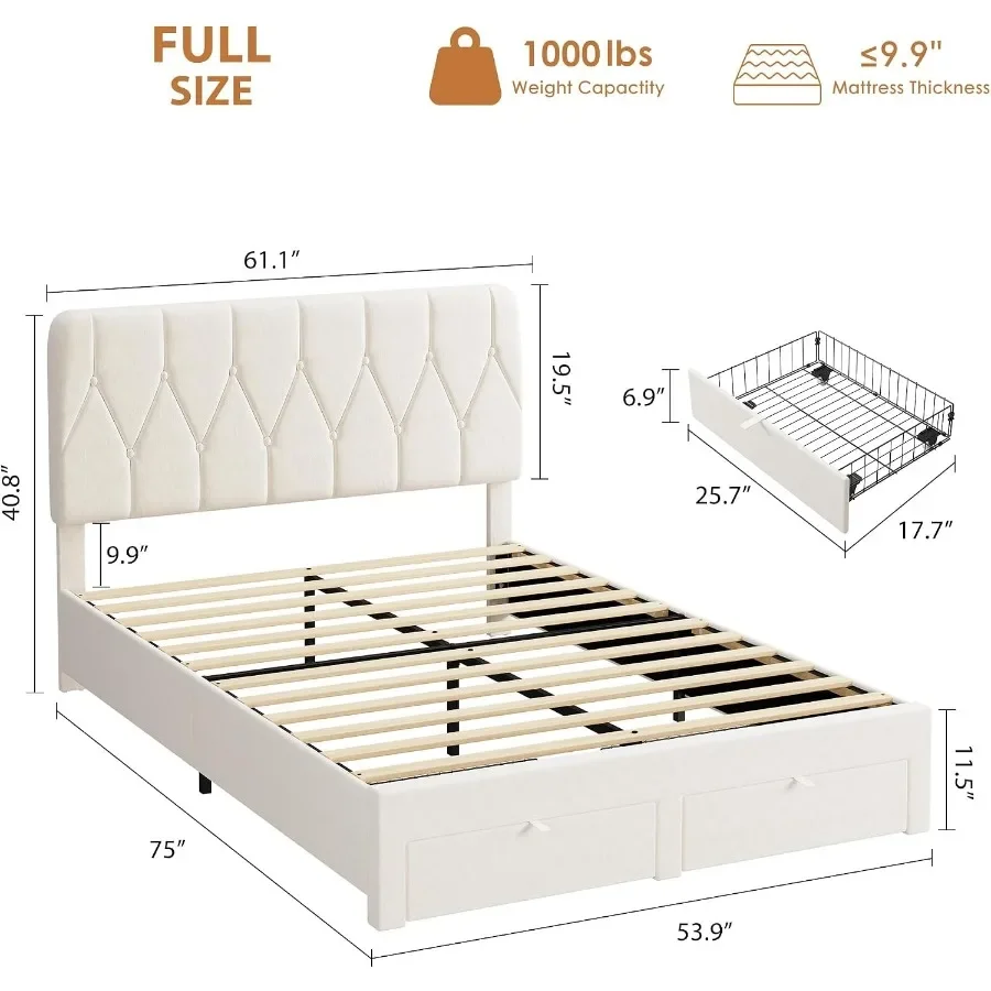 Bed Frame with 2 Storage Drawers, Upholstered Tufted Headboard