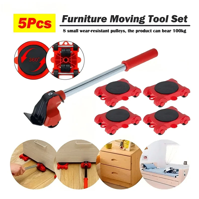 5Pcs Heavy Duty Furniture Mover Roller Set with Swivel Wheels - Moving Bar Tool for Easy Transporting of Household Furniture