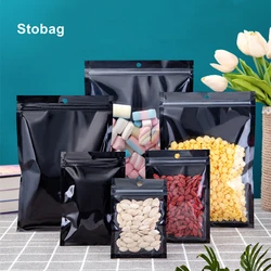 StoBag-Ziplock Bag com Hang Hole, Preto, Embalagem de Alimentos, Bolsa Resealable, Adequado para Chá, Nozes, Lanche, Doces, Folha de alumínio, Armazenamento selado, 100pcs