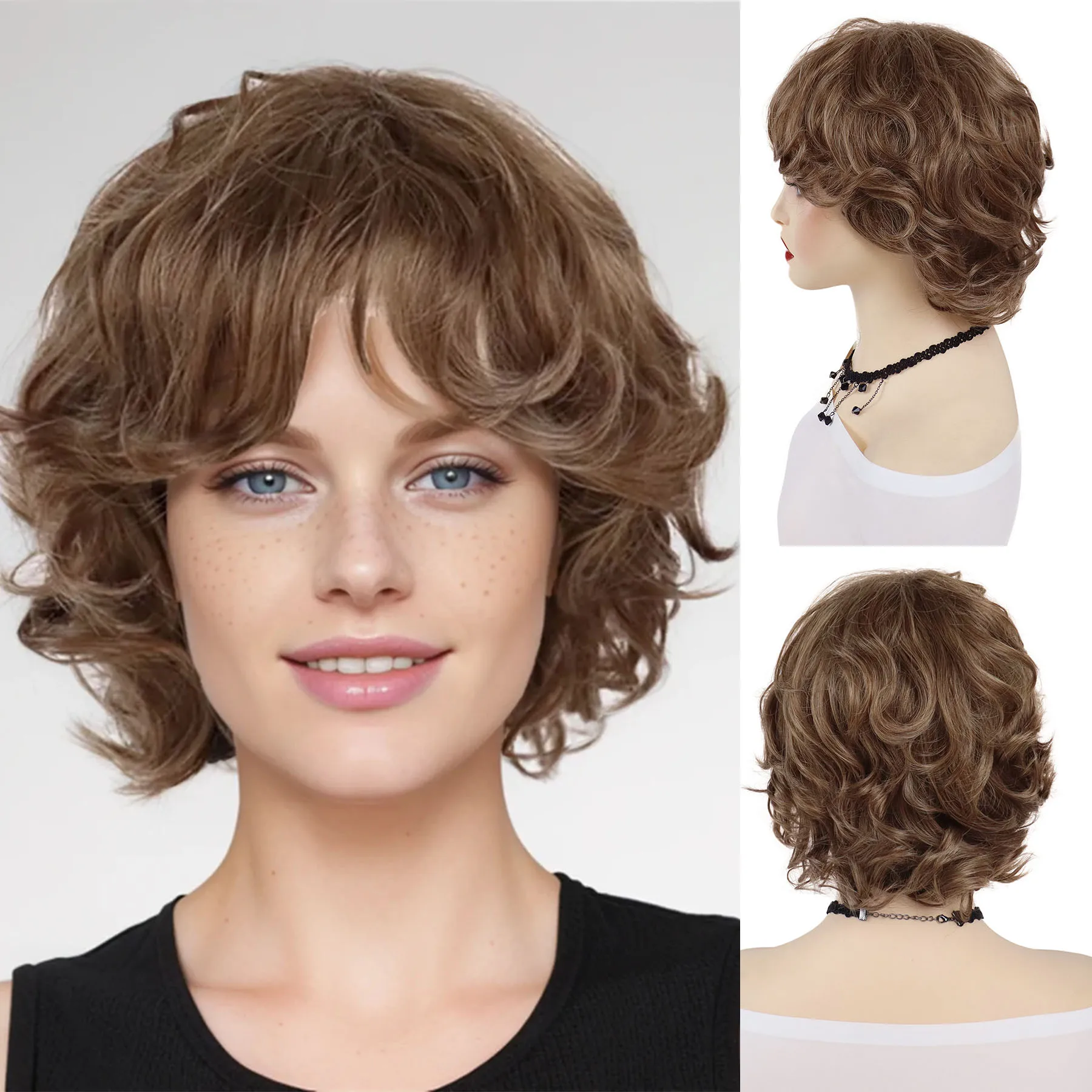 

Коричневый короткий вьющийся парик с челкой, парик из натуральных причесок для женщин, термостойкий повседневный косплей, вечеринка на Хэллоуин, повседневный парик для мамы