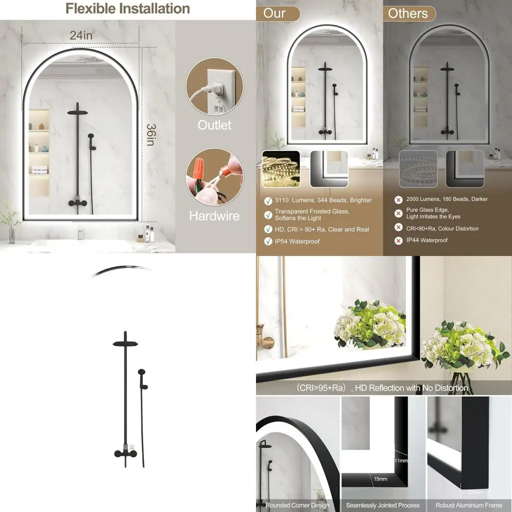 

Зеркало с LED-подсветкой 36 x 24 дюйма, арочное, черное, с передней и задней подсветкой, металлическая рама, защита от запотевания, плавная регулировка яркости, 3 температуры цветовой температуры, для ванной комнаты