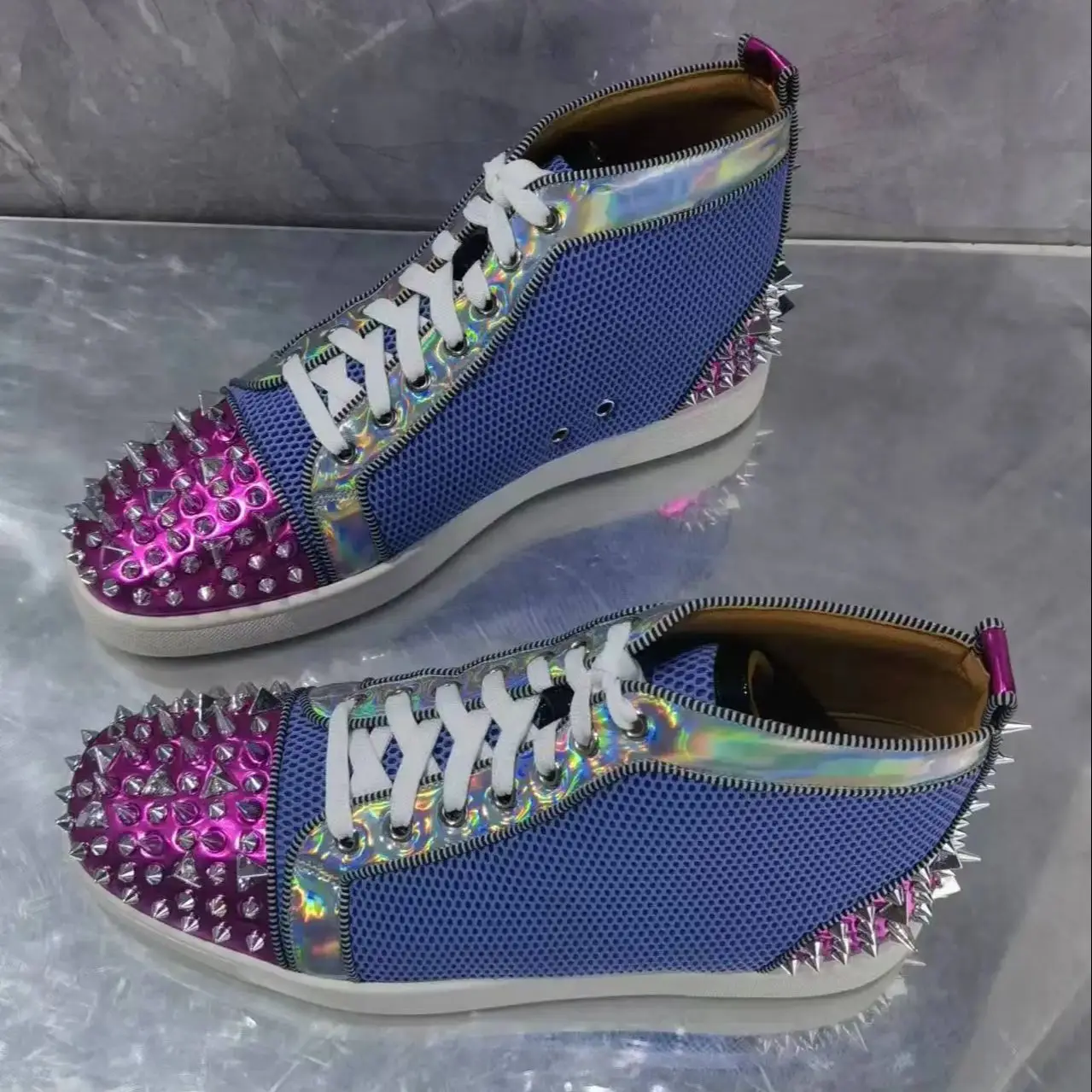 Pink Rivets Blue Leather Patchwork Colors Sneakers Women And Men Round Toe Zipper Shape High-Top Casual Sports Shoes Unisex 2025