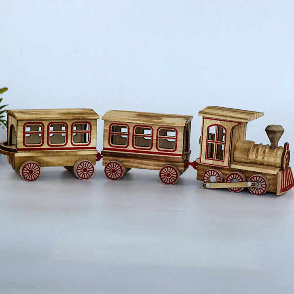 1Set Christmas Train Wooden Craft Three-Section Small Train Decorative Prop for Home Restaurant Party Xmas Ornament Festival