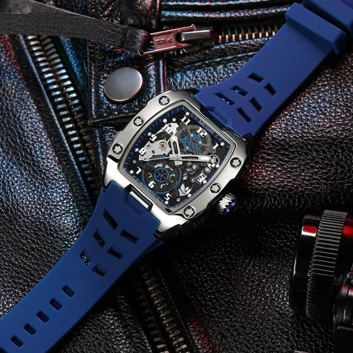 Imagen 2 del producto Reloj mecánico automático MEGIR azul para hombre, reloj de pulsera deportivo informal a la moda resistente al agua con correa de silicona, esfera Tonneau