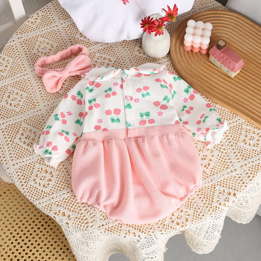 MILANCEL 2024 Autumn New Baby Girls Clothes Cherry Print  Girls Bodysuit & One Piece Toddler Girls Clothing With Headband