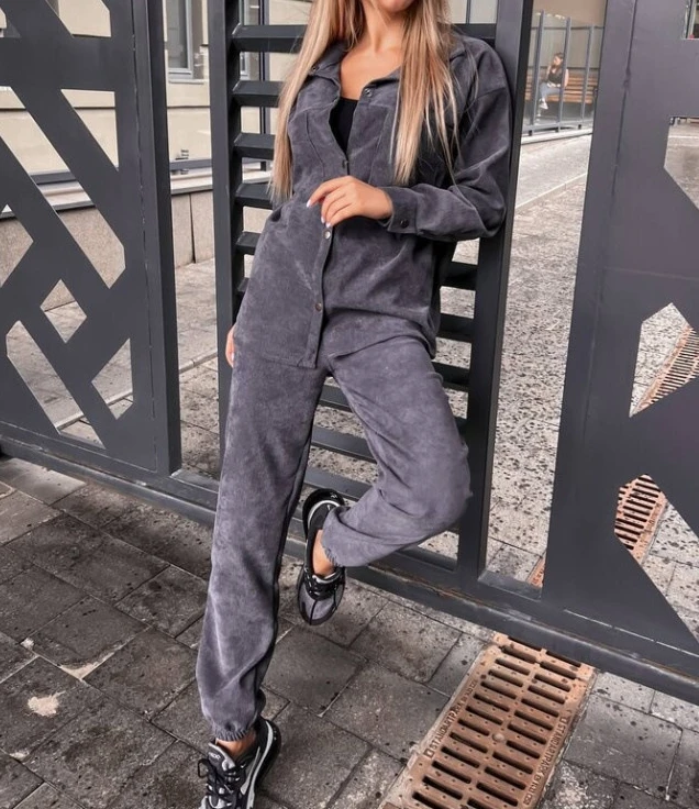 

Women's two-piece autumn oversized set button pocket sweatshirt+high waisted pants solid color sportswear women's warm suit