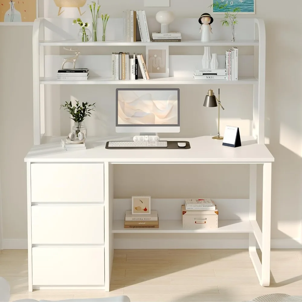 

White Desk with Hutch, 60 Inch Computer Desk with 3 Drawers for Bedroom, Study Desk for Small Spaces, Bottom Shelves, Adjustable