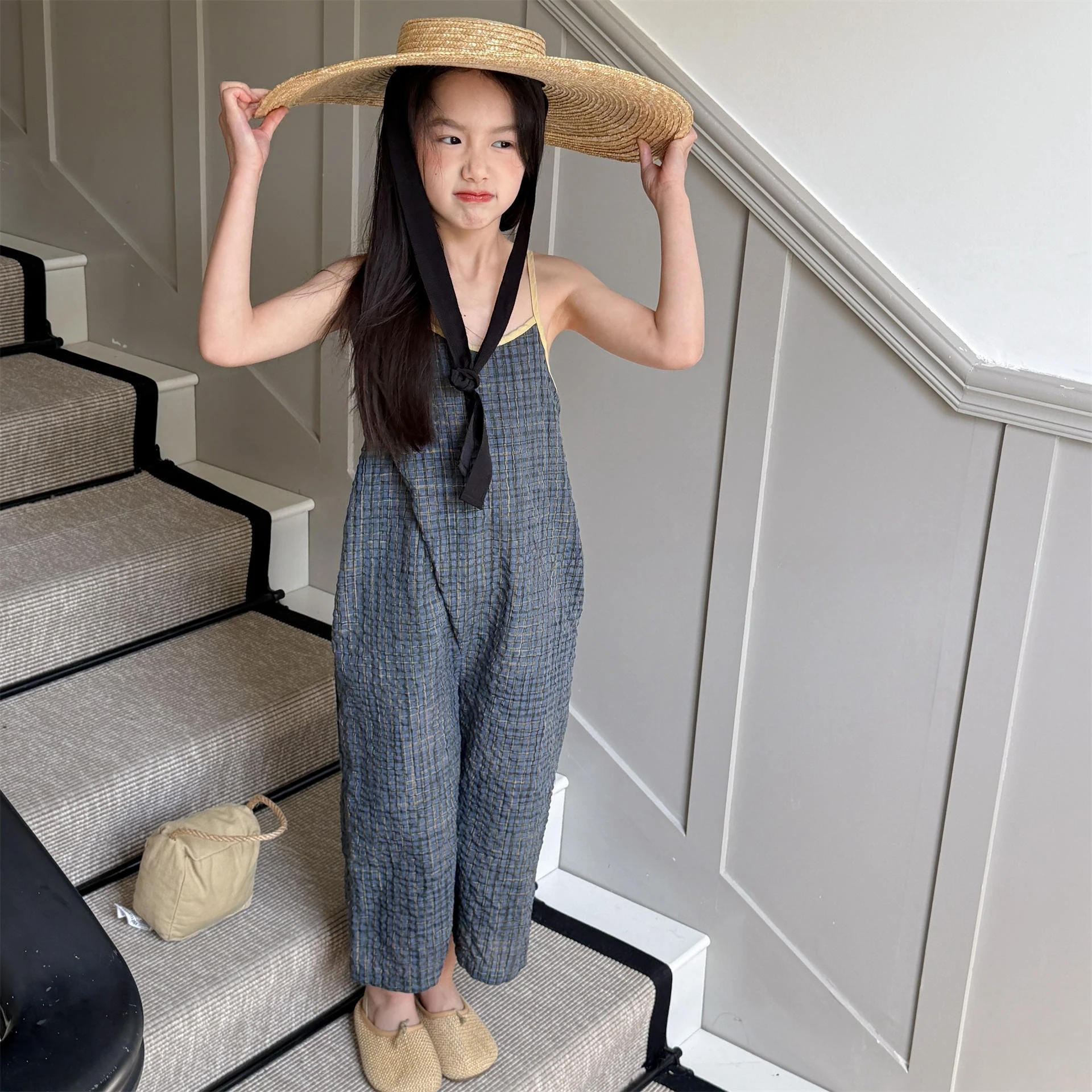 Girls Sling Jumpsuit Japan Korean Style Summer Wide Leg Cropped Trousers Toddler Children One Piece Casual Outfit
