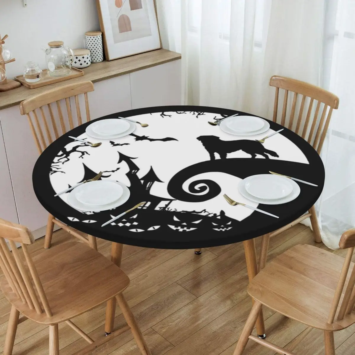 Saint Bernard Dog And Moon Halloween Waterproof Round Tablecloth Oilproof Table Cloth for Kitchen Events Dining Table Cover