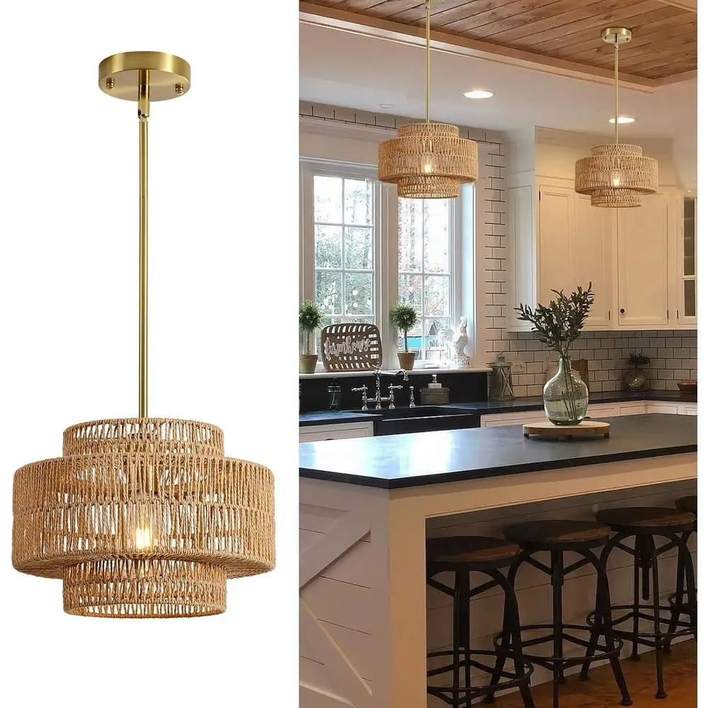 

1-Light Boho Rattan Pendant Light Fixture, Hand Woven Hanging Lamp for Kitchen Island, Bedroom, Dining Room, Living Room, Entryw