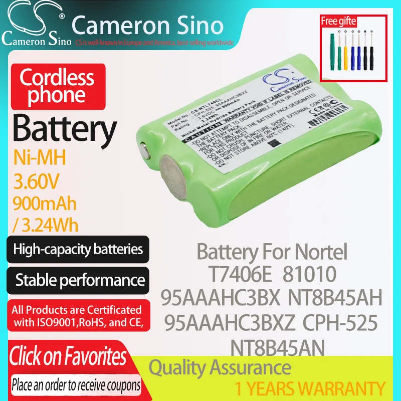 CameronSino Battery for Nortel T7406E 81010 fits Nortel 95AAAHC3BX 95AAAHC3BXZ CPH-525 NT8B45AH NT8B45AN Cordless phone Battery