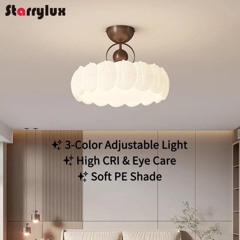 

French Vintage Cream Ceiling Light with Feather Design, 3-Color Dimmable LED for Bedroom/Study, ≥95 CRI, White+Beige, Iron + PE