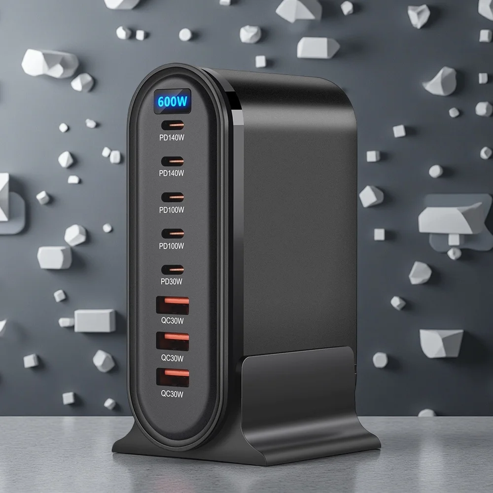 Hot 600W GaN 8 Ports Fast Charger Hub LED Display USB C PD Desktop Fast Charging Station Adapter For iPhone/Samsung/Xiaomi/iPad