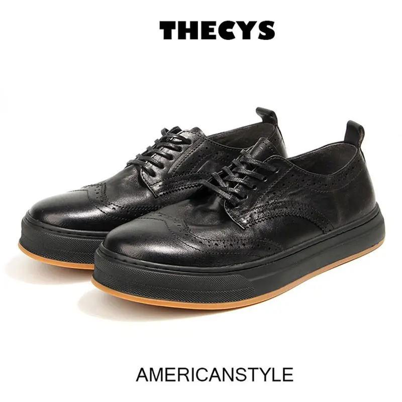 British Retro Men's Loafers Full Grain Leather Carved Lace-up Board Shoes Young Male Casual Brogues All Match Oxfords Sneakers