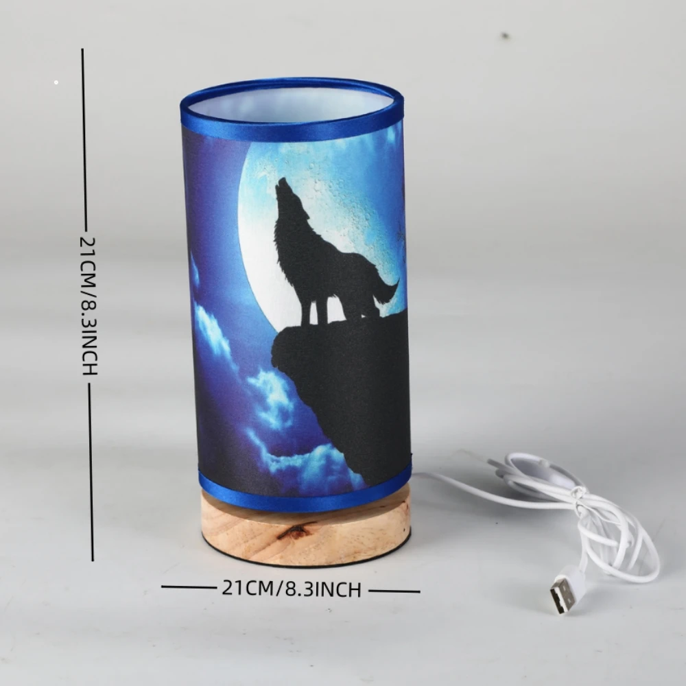 Wolf Moon Pattern LED Table Lamp USB Powered Dimmable Fabric Shade Night Light, Wooden Base Soft Warm Ambient Lamp, Creative Dec view 5