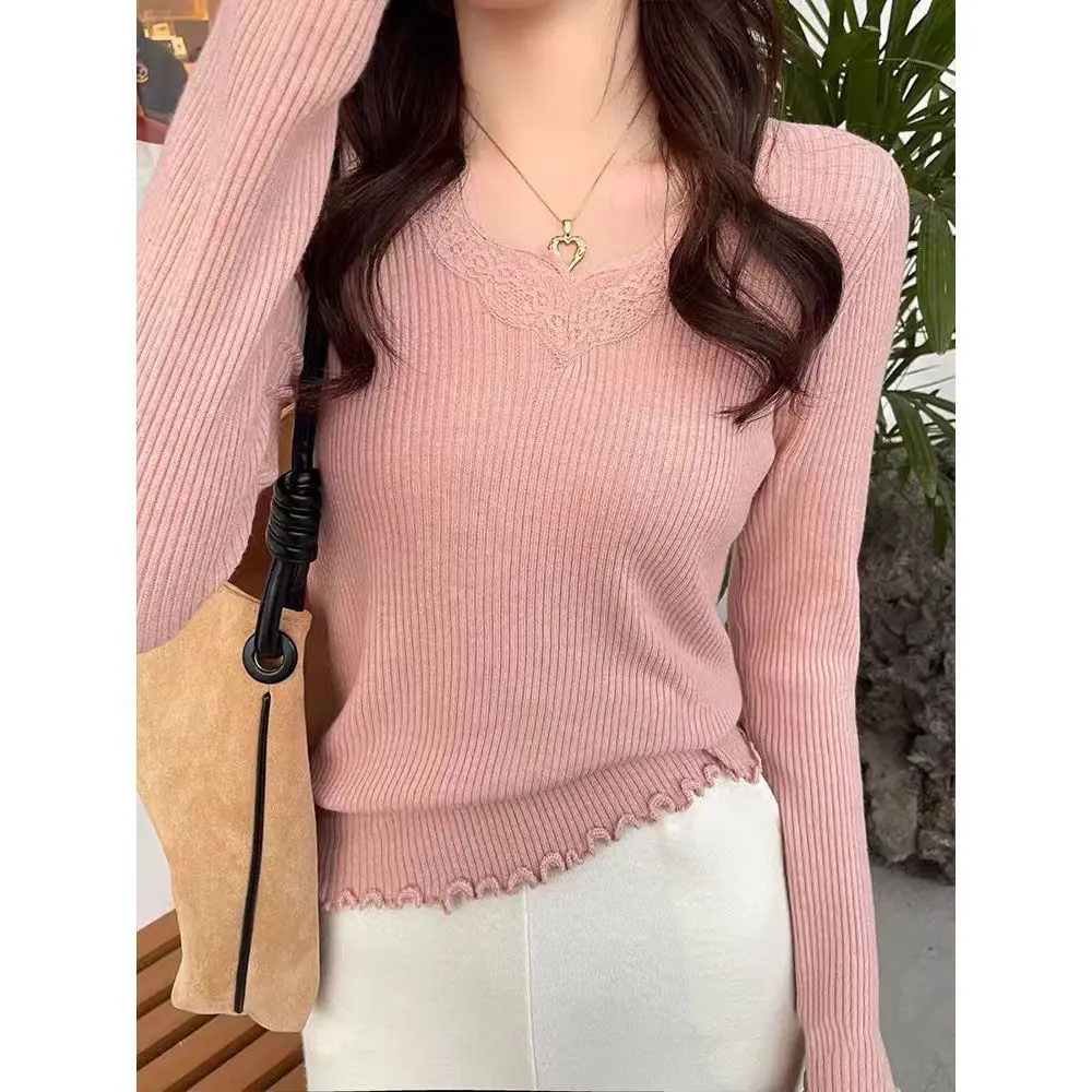 Autumn Women V-neck Long Sleeve Striped Sweaters Warm Solid Color Loose Pullovers Elegant Lace Knitted Ladies Casual Jumpers