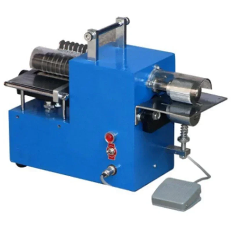Compact leather strip-cutting and slitting machine; straight-strip cutter for luggage, bags, and paper products.