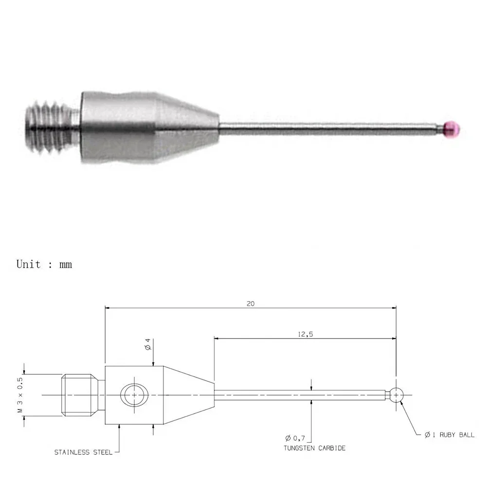 1pc Touch Probe Straight Styli Thread 1mm Ball Tungsten Carbide Stem L20mm A-5004-2442 Tungsten Carbide A-5004-2442 CMM Tool