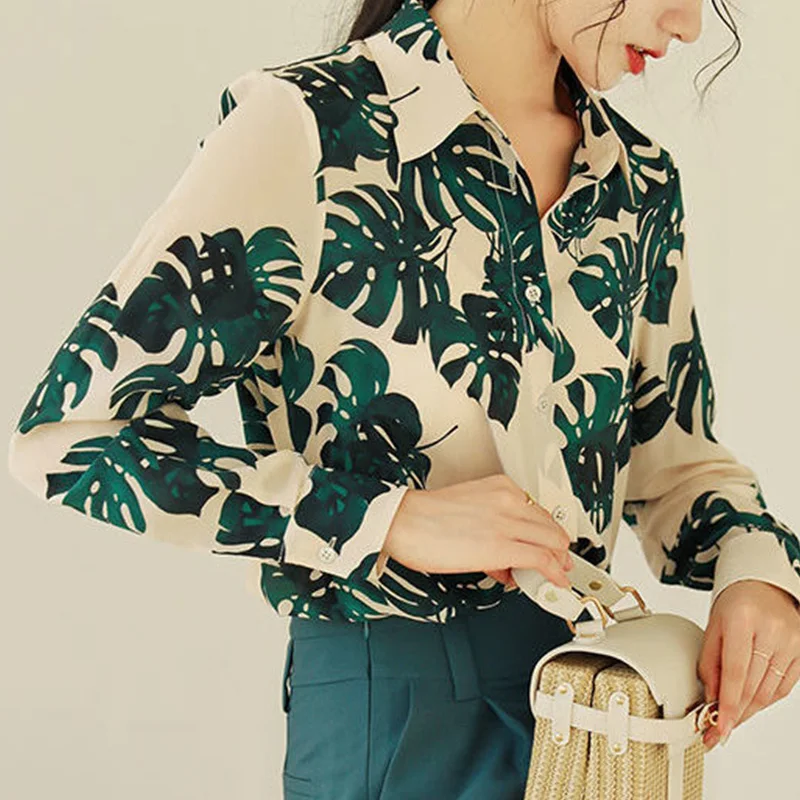 Blusa holgada de Chifón con estampado de hojas para mujer, camisa de un solo pecho con cuello vuelto, ropa de primavera y otoño, 2023