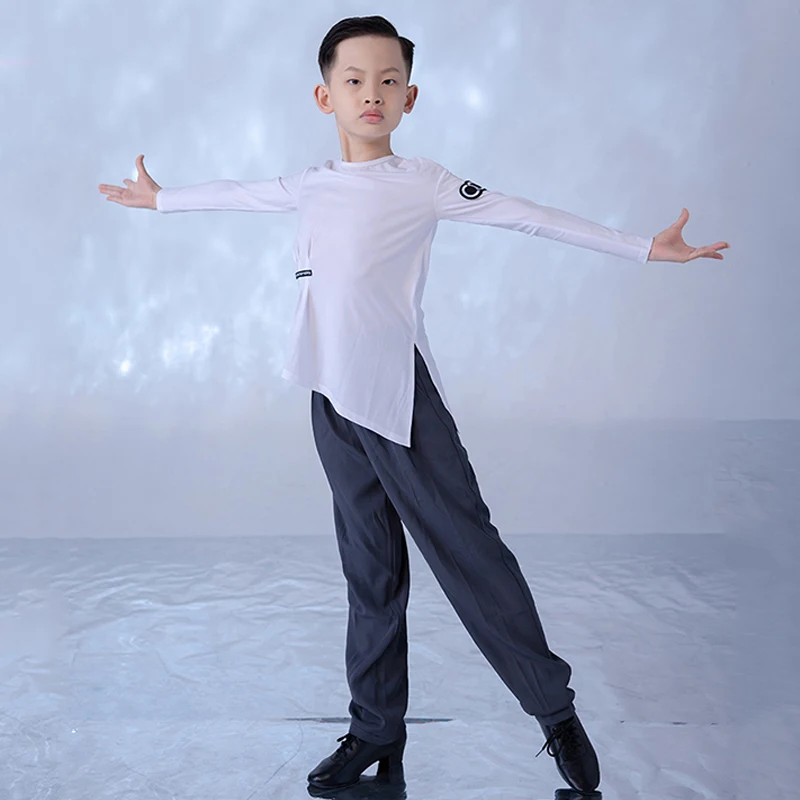 

Kids Latin Dance Clothes Boys Practice Wear White Tops Black Pants Training Suit Cha Cha Rumba Salsa Dance Costume Male BL13092