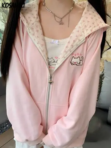Japon Pembe Kawaii Sevimli Karikatür Nakışlı Kapüşonlu Üst Kadın Y2k Estetik Patchwork Cepli Hoody Günlük Grunge Fermuarlı Sweatshirt