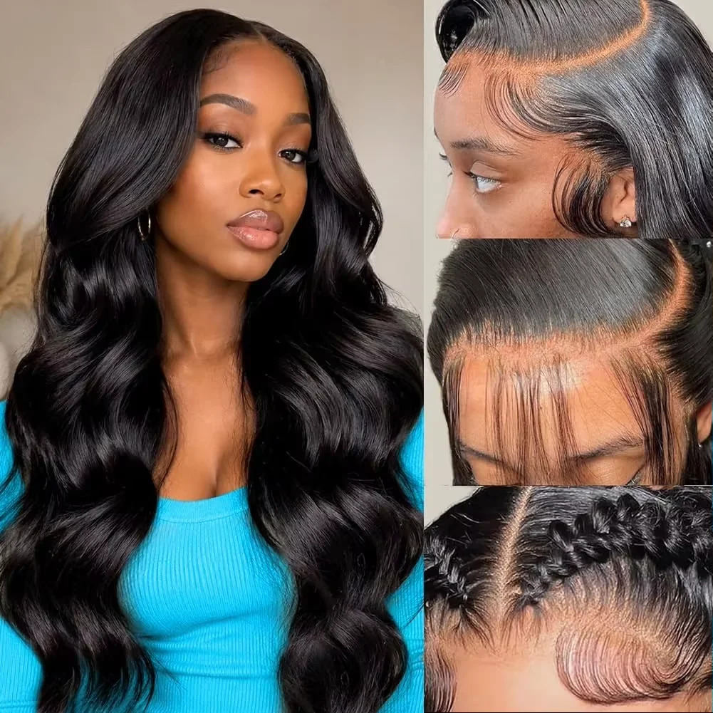 18-46 Inch Body Wave Lace Front Wig Human Hair 200 Density 13x6 HD Transparent Lace Frontal Pre Plucked Natural Black For Women