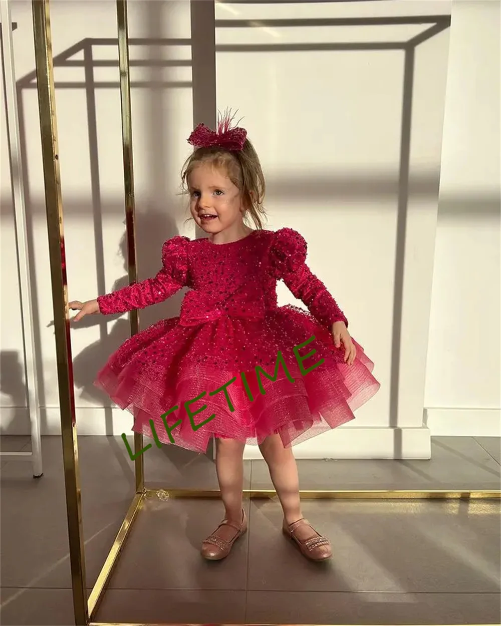 Glitter Red Flower Girl Dresses Girl Dresses Puffy Little Girl Dress Sparkly Princess Dress Baby First Communion Bow Christmas