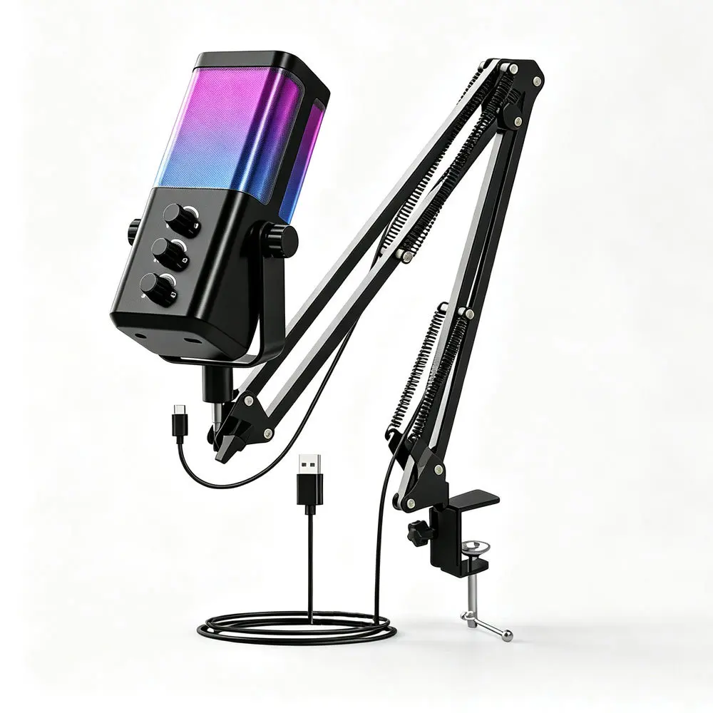 プラグアンドプレイusbコンデンサーマイクrgbアンビエント照明デスクトップカンチレバースタンドゲーミングボイスレコーディングマイク