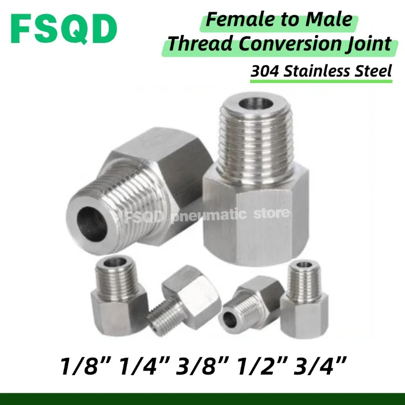 1/8” 1/4” 3/8” 1/2” 3/4” Female to Male Thread Conversion Joint For Pressure Gauge Variable Dia 304 Connector 50PCS
