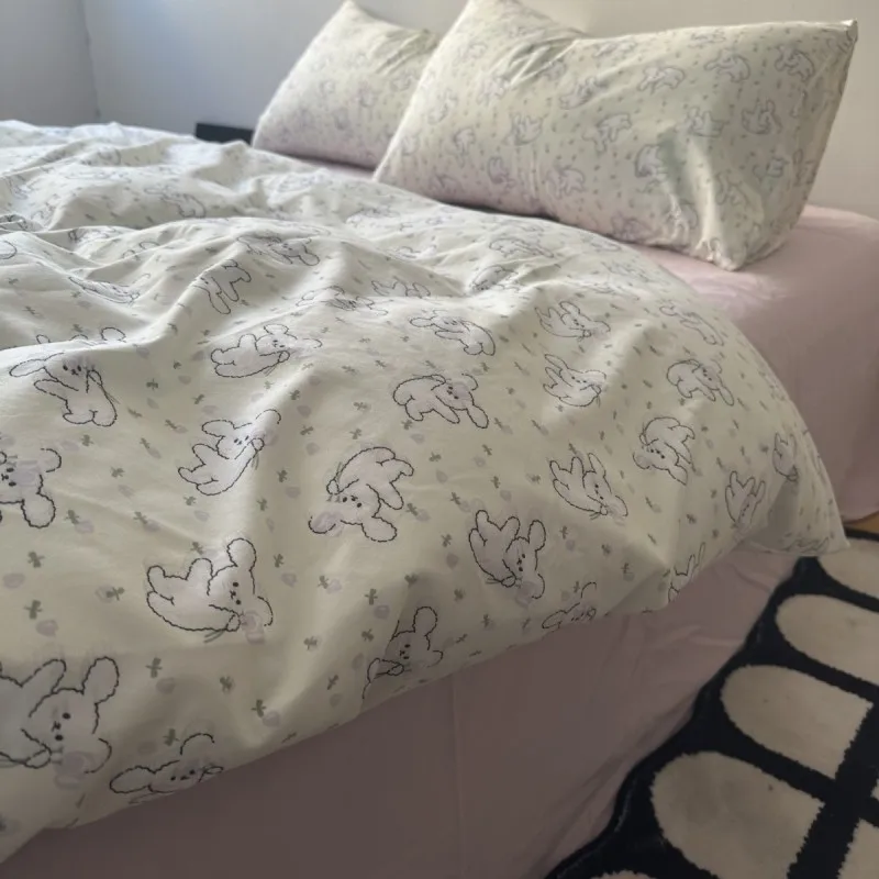 Cute Rabbit Duvet Cover Set with Flat Sheet Pillowcase Ins Style No Filler Boys Girls Queen Full Size Home Decor Bedding Linens