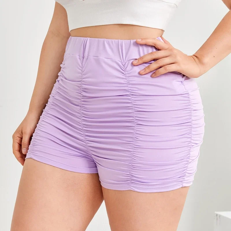 Plus Size elastische Taille sexy Sommer lässig geraffte Shorts Frauen solide lila hohe Taille dünne Biker Shorts weiblich große Größe 6xl