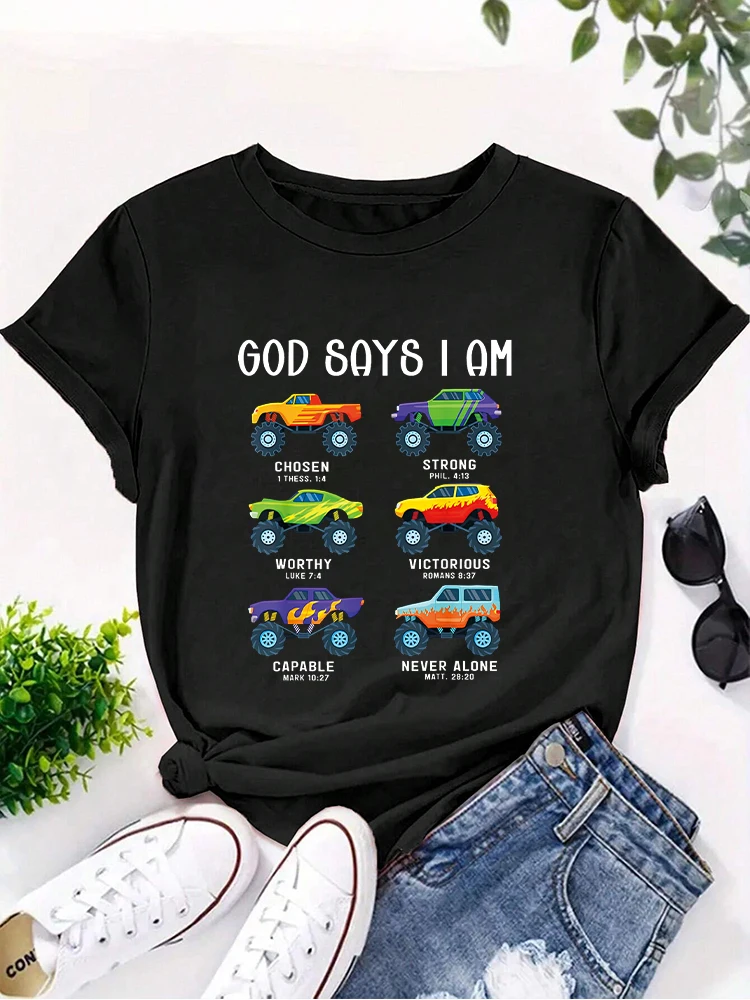 God Says I Am Womens Tops Summer Graphic Tees T Shirts Round neck printing graphic tees for women t shirts