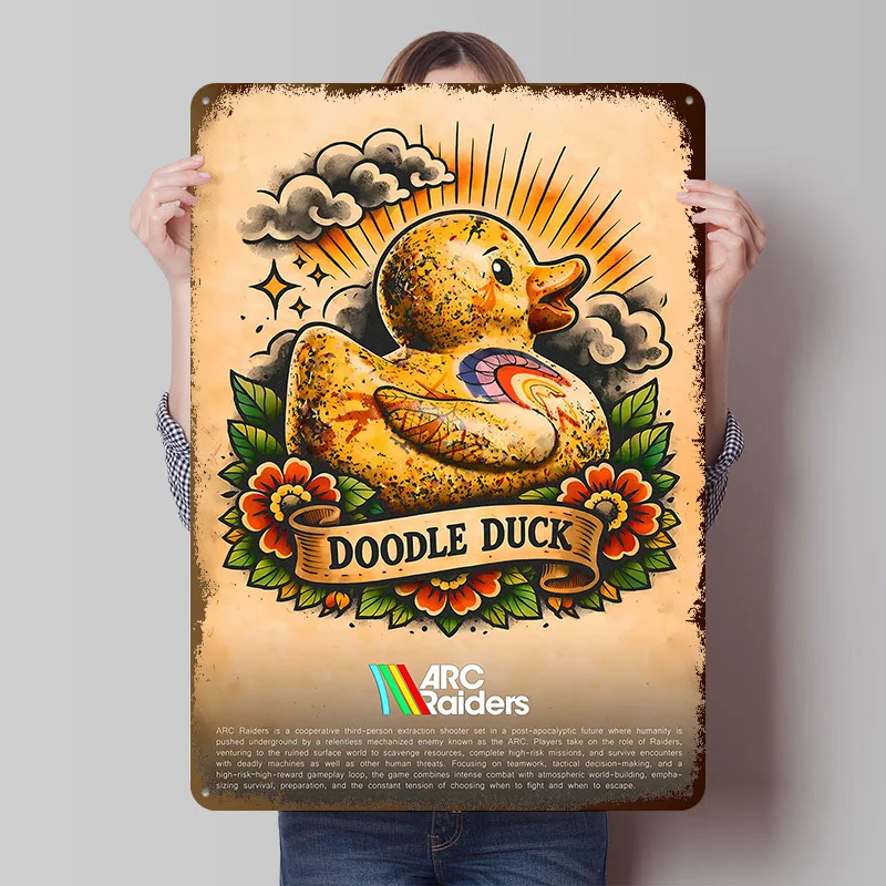 Doodle Duck ARC Raiders Metallposter Individualisierte Wandkunst Retro Vintage Metallschilder für Männerhöhle-Dekoration Maßgefertigtes Schild