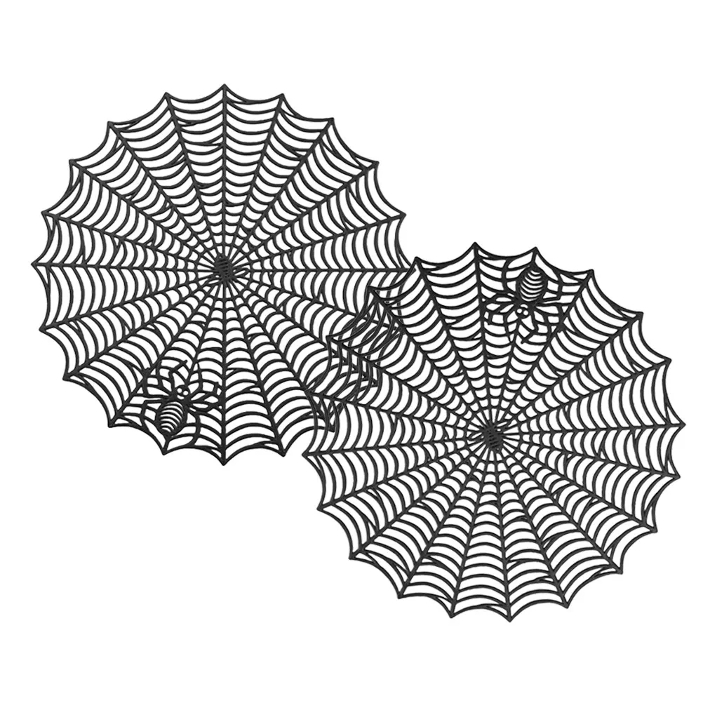 2Pcs Halloween Spiderweb Placemats Black Hollow Out Cobweb Design PVC Table Placemats for Spooky Parties Heat Protection Easy