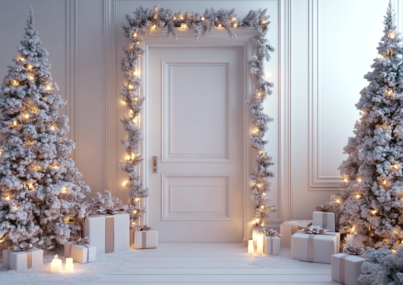 Mocsicka 화이트 크리스마스 사진 배경 소나무 아치 창문 커튼 장식 새해 배경 스튜디오 액세서리