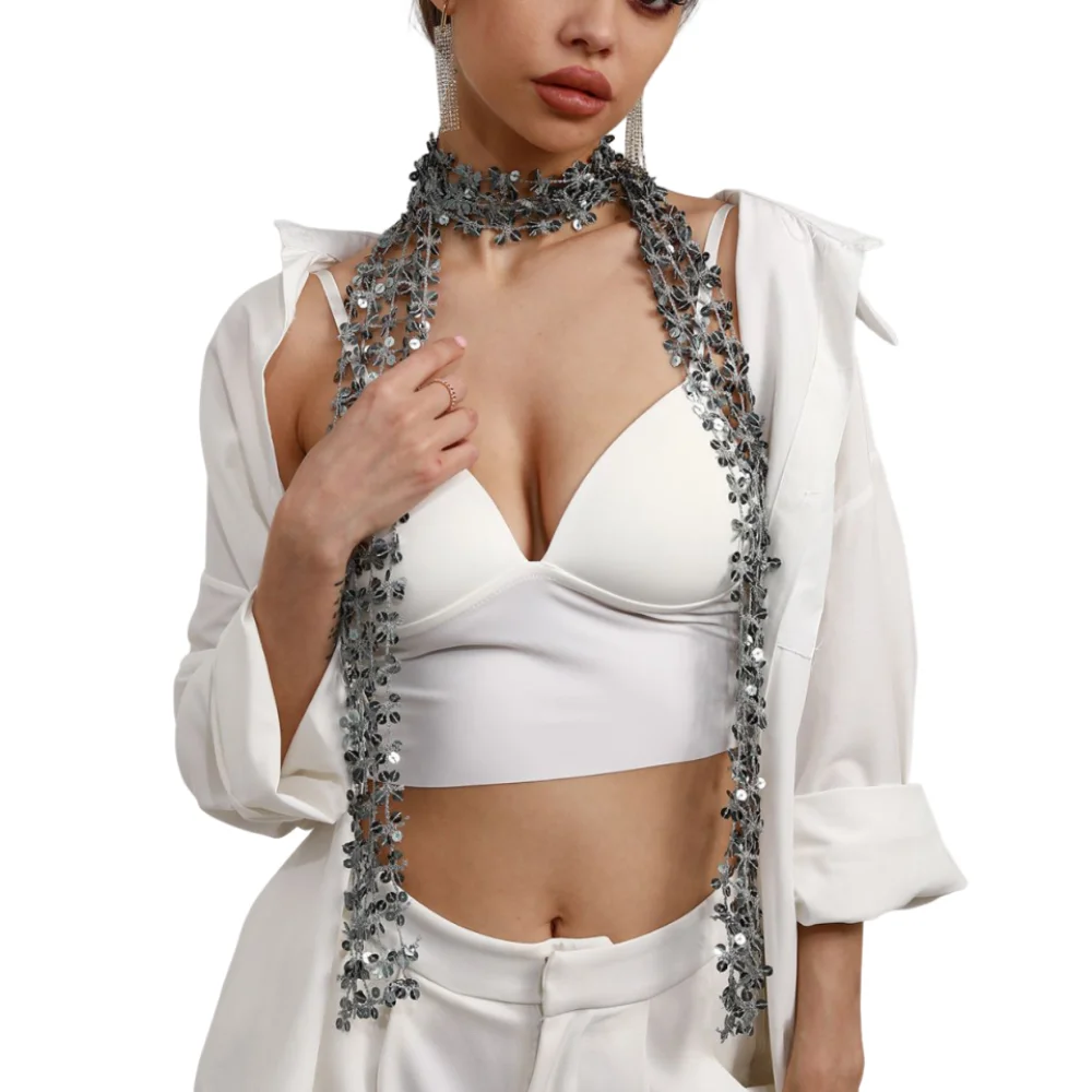 Fashion Shiny Sequin Scarf Hollow Elegant Belly Dancing Scarf Dance Accessories Flower Shape Waist Chain Party