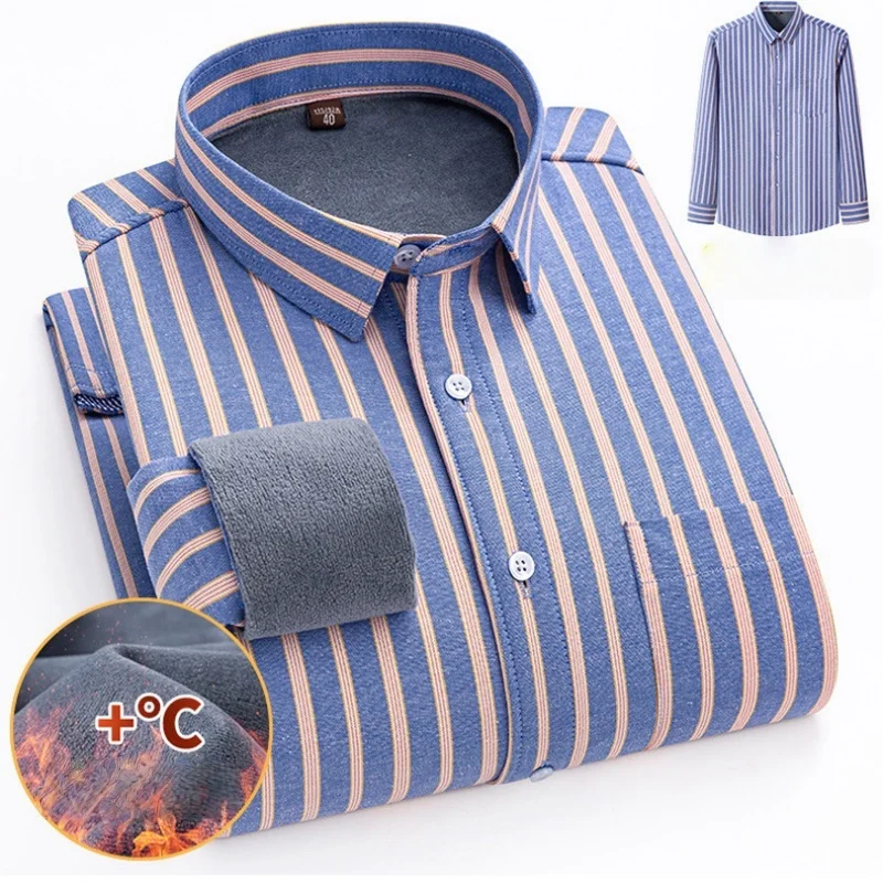 Winter New Trendy Plush Thick Warm Striped Shirt for Men's Casual Loose Retro Sports Large Size High End Long Sleeve Shirt